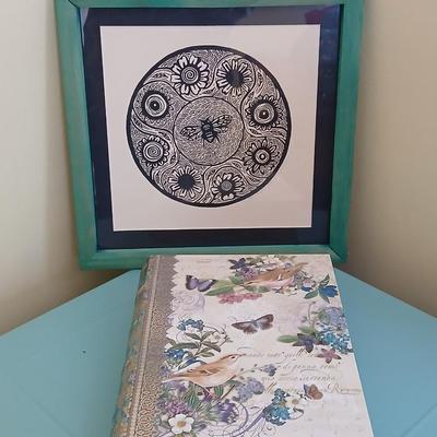 Framed Wall art original signed & numbered "Bee Mandala Nicola Barsaleau... 5/150 with faux book / storage box of batteries