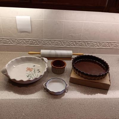 MARBLE ROLLING PIN, CLAY PIE PLATES AND MORE