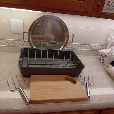 TEFLON ROASTING PAN, LARGE PLATTER WITH HANDLES, WOODEN CUTTING BOARD AND CARVING FORKS