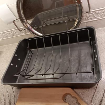 TEFLON ROASTING PAN, LARGE PLATTER WITH HANDLES, WOODEN CUTTING BOARD AND CARVING FORKS