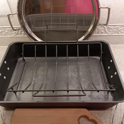 TEFLON ROASTING PAN, LARGE PLATTER WITH HANDLES, WOODEN CUTTING BOARD AND CARVING FORKS