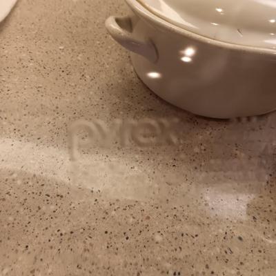 PYREX BAKING DISH, BEAN POT, SALT/PEPPER SHAKERS AND A CASSEROLE DISH