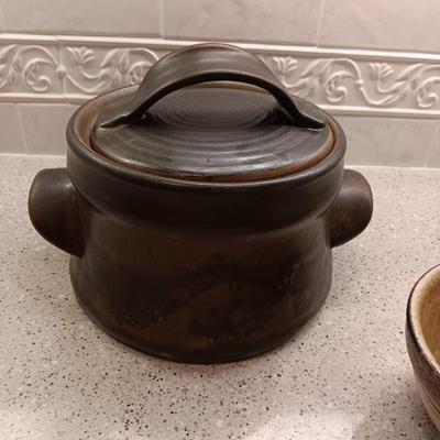 PAMPERED CHEF BAKING DISH, POTTERY CRAFT BOWL AND A BEAN POT