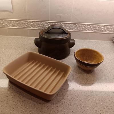 PAMPERED CHEF BAKING DISH, POTTERY CRAFT BOWL AND A BEAN POT