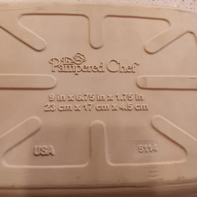 PAMPERED CHEF BAKING DISH, POTTERY CRAFT BOWL AND A BEAN POT