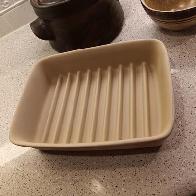 PAMPERED CHEF BAKING DISH, POTTERY CRAFT BOWL AND A BEAN POT
