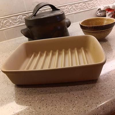PAMPERED CHEF BAKING DISH, POTTERY CRAFT BOWL AND A BEAN POT