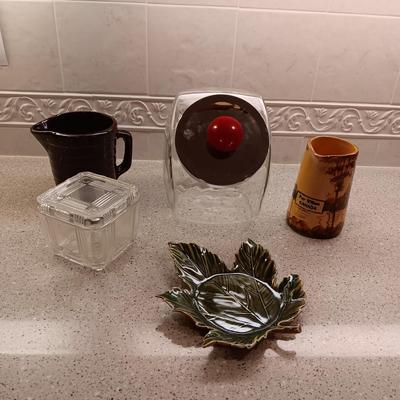 CLAY PITCHERS, GLASS CANISTER, LEAF DISH AND FRIDGE DISH