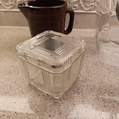 CLAY PITCHERS, GLASS CANISTER, LEAF DISH AND FRIDGE DISH