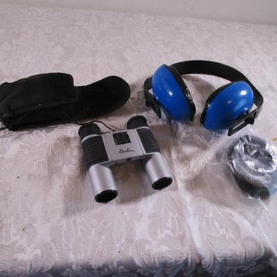 Small binoculars in case, headphones