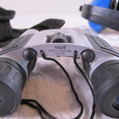 Small binoculars in case, headphones