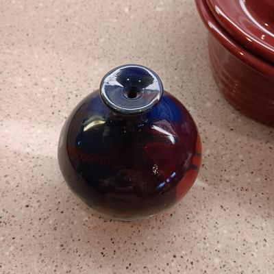 PAMPERED CHEF DEEP COVERED BAKER, CLAY BUD VASE AND 2 CLAY BOWLS
