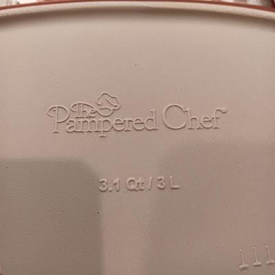 PAMPERED CHEF DEEP COVERED BAKER, CLAY BUD VASE AND 2 CLAY BOWLS