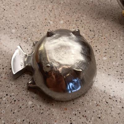PEWTER OYSTER SHELL PLATTER, FISH CONDIMENT DISH, KONGE-TINN CRAB LEG TOOL & PEWTER WINE HOLDER