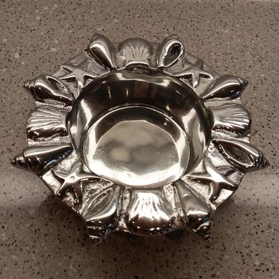 PEWTER OYSTER SHELL PLATTER, FISH CONDIMENT DISH, KONGE-TINN CRAB LEG TOOL & PEWTER WINE HOLDER