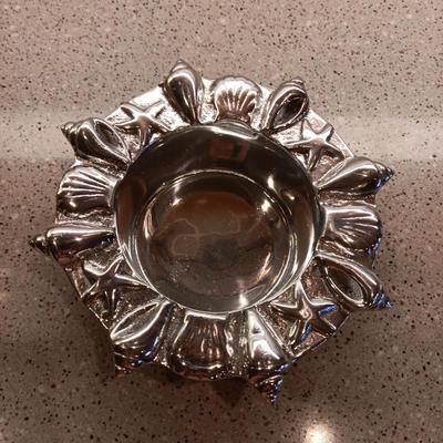 PEWTER OYSTER SHELL PLATTER, FISH CONDIMENT DISH, KONGE-TINN CRAB LEG TOOL & PEWTER WINE HOLDER