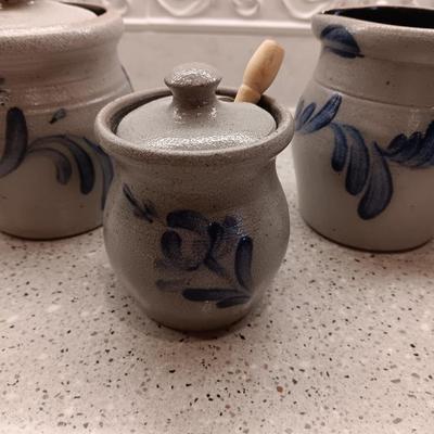 HANDMADE ROWE POTTERY WORKS CREAM AND SUGAR SET AND HONEY POT