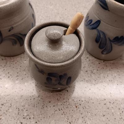 HANDMADE ROWE POTTERY WORKS CREAM AND SUGAR SET AND HONEY POT