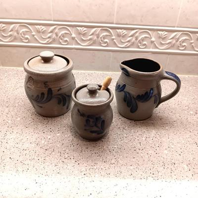 HANDMADE ROWE POTTERY WORKS CREAM AND SUGAR SET AND HONEY POT