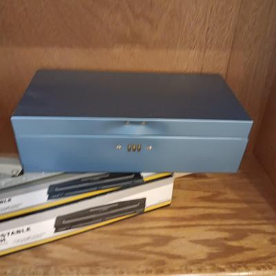 SWINGLINE LONG REACH STAPLER, 3 HOLE PUNCH AND A COMBINATION METAL BOX