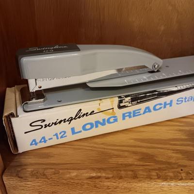 SWINGLINE LONG REACH STAPLER, 3 HOLE PUNCH AND A COMBINATION METAL BOX