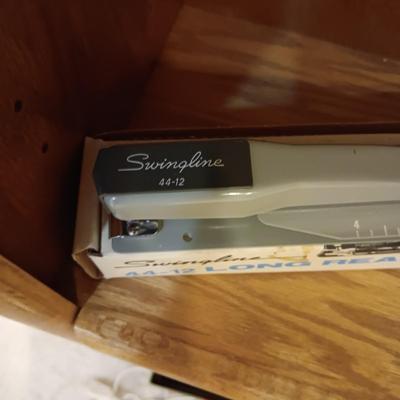 SWINGLINE LONG REACH STAPLER, 3 HOLE PUNCH AND A COMBINATION METAL BOX
