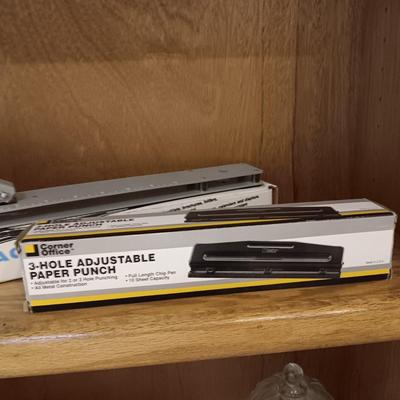 SWINGLINE LONG REACH STAPLER, 3 HOLE PUNCH AND A COMBINATION METAL BOX