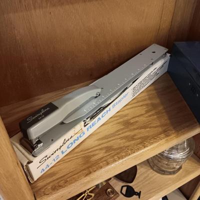 SWINGLINE LONG REACH STAPLER, 3 HOLE PUNCH AND A COMBINATION METAL BOX