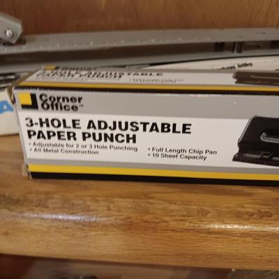 SWINGLINE LONG REACH STAPLER, 3 HOLE PUNCH AND A COMBINATION METAL BOX