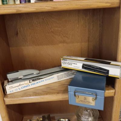SWINGLINE LONG REACH STAPLER, 3 HOLE PUNCH AND A COMBINATION METAL BOX