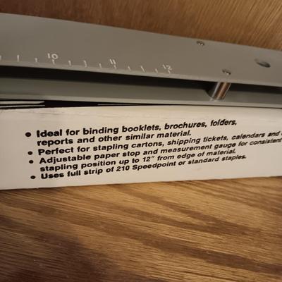SWINGLINE LONG REACH STAPLER, 3 HOLE PUNCH AND A COMBINATION METAL BOX