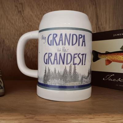 GATCO BRASS DUCK HEAD BOOKENDS, GREATEST GRANDPA MUG AND TACKLE BOX NOTE CARDS