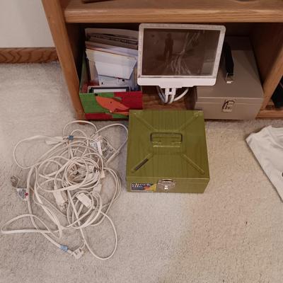 GREETING CARDS, 2 METAL FILE BOXES, VARIOUS BATTERIES, EXTENSION CORDS AND PADLOCKS