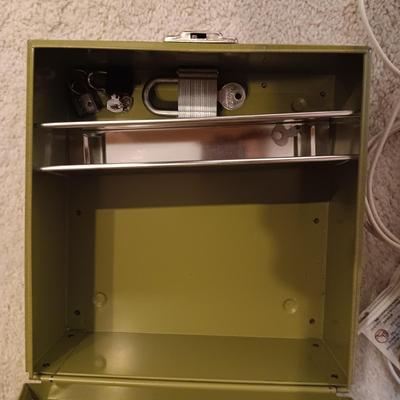 GREETING CARDS, 2 METAL FILE BOXES, VARIOUS BATTERIES, EXTENSION CORDS AND PADLOCKS