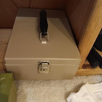GREETING CARDS, 2 METAL FILE BOXES, VARIOUS BATTERIES, EXTENSION CORDS AND PADLOCKS