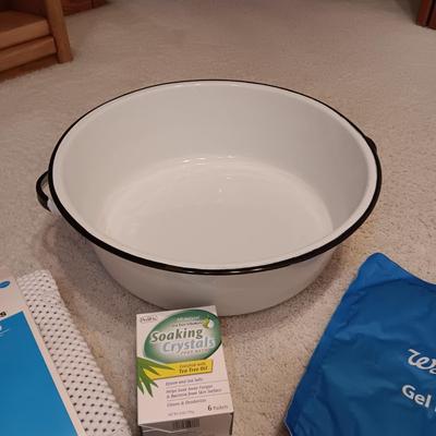 LARGE ENAMEL BOWL, SMALL TOILETRY BAG, NEW SHOWER STALL MAT & MORE