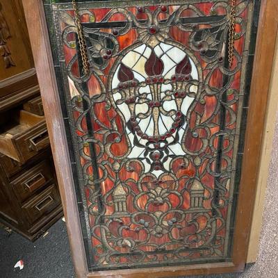 STAINED GLASS WINDOW WITH BEVELED GLASS AND RONDELS