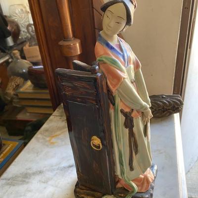 Chinese Porcelain Shiwan Geisha Waiting By Door Asian Figurine 13” Tall