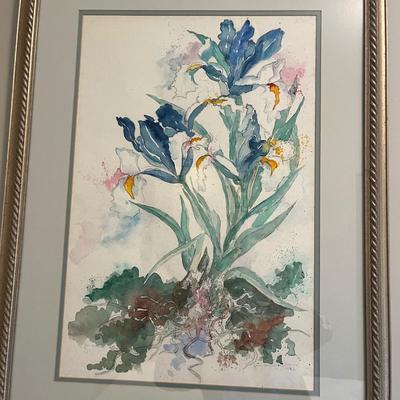 Jane Langley Bass Pencil Signed & Framed Watercolor of Irises (GB2-MG)