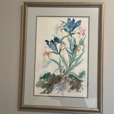 Jane Langley Bass Pencil Signed & Framed Watercolor of Irises (GB2-MG)