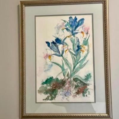 Jane Langley Bass Pencil Signed & Framed Watercolor of Irises (GB2-MG)