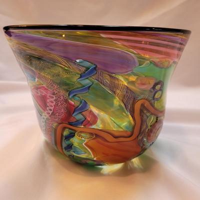 Colorful Art Glass Bowl, Signed (DR-EL)