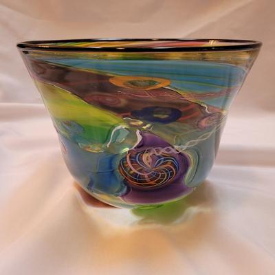 Colorful Art Glass Bowl, Signed (DR-EL)