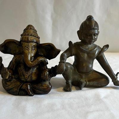 Solid Brass Seated Person & Wooden Ganesha Statuette (LR-MG)