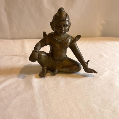 Solid Brass Seated Person & Wooden Ganesha Statuette (LR-MG)