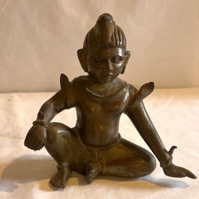 Solid Brass Seated Person & Wooden Ganesha Statuette (LR-MG)