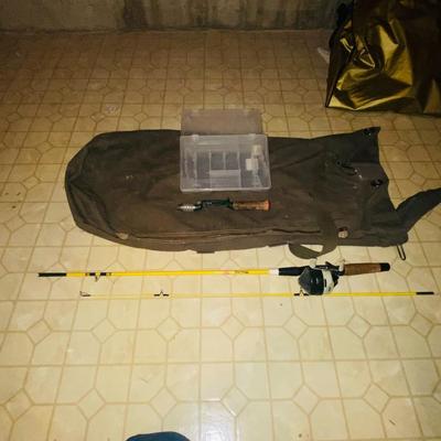 ARMY DUFFLE BAG, FISHING POLE AND VINTAGE HEDDON PAL & MORE