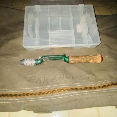ARMY DUFFLE BAG, FISHING POLE AND VINTAGE HEDDON PAL & MORE