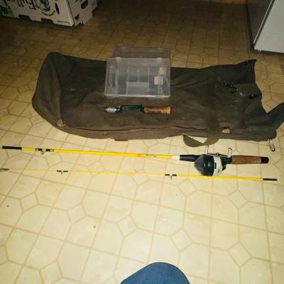ARMY DUFFLE BAG, FISHING POLE AND VINTAGE HEDDON PAL & MORE