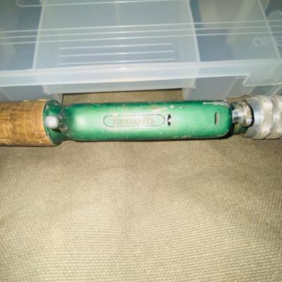 ARMY DUFFLE BAG, FISHING POLE AND VINTAGE HEDDON PAL & MORE
